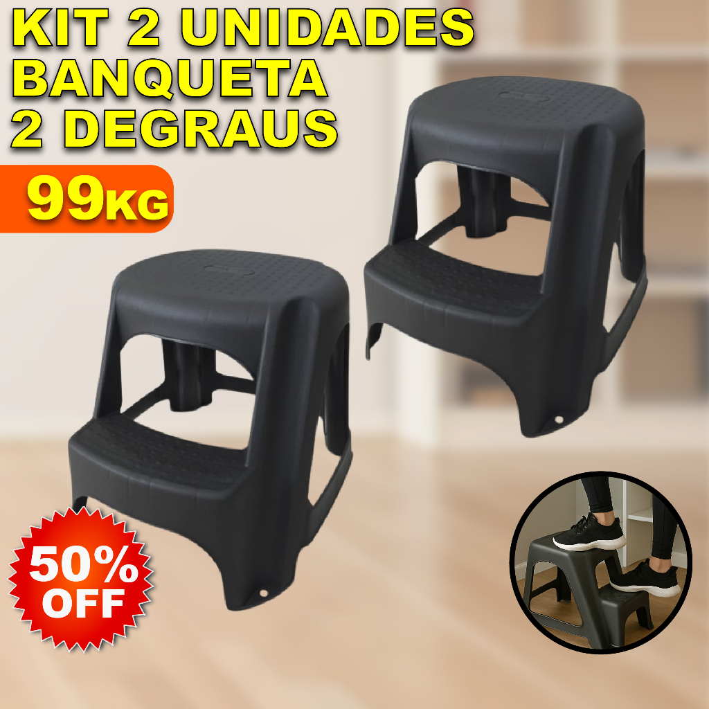 Kit 2 Banqueta Step 2 Degraus - Escada Infantil - Banco Multiuso Plástico Preto