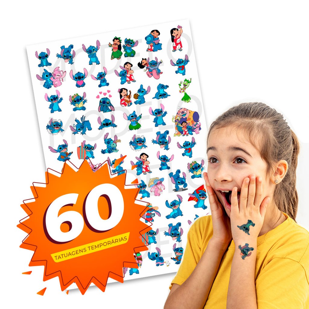 60 Tatuagens Temporária Infantil Stitch 20x28cm