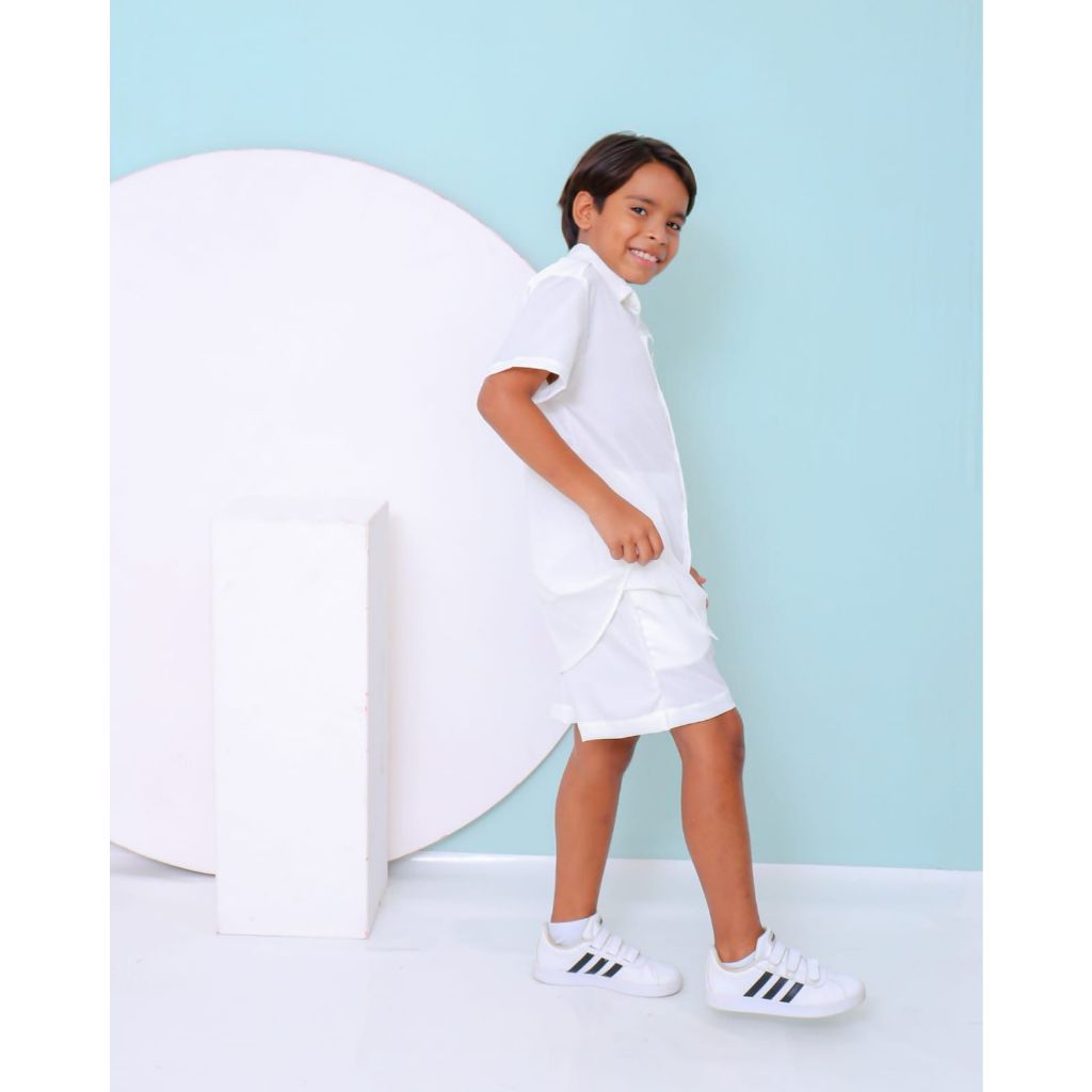 Conjunto Infanto Juvenil Masculina Infantil Tecido Crepe Short com Elástico Camisa de Botão Festas Fim de Ano