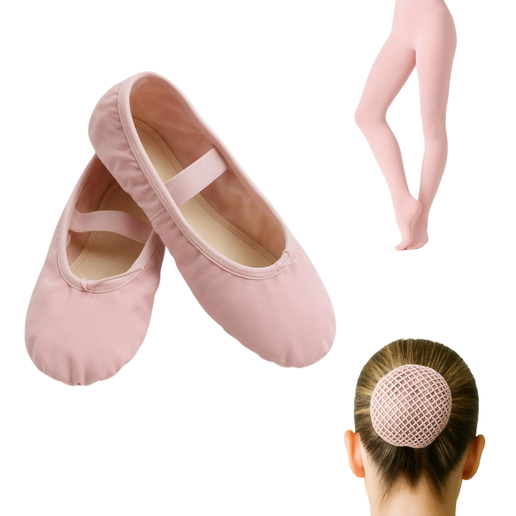 Kit Ballet Balé Sapatilha em couro sintético com Meia Calça fio 40 própria para Ballet e Redinha