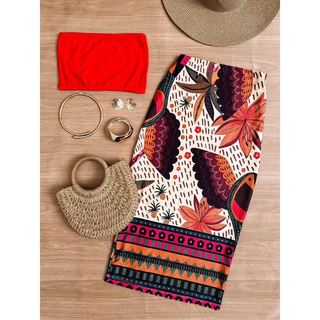 Saia Estampada Midi saia lápis Floral cintura alta Tendência Moda Blogueira em Oferta na Shopee