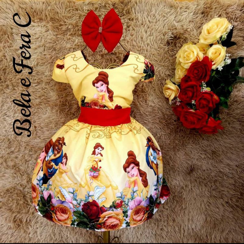 Vestido temático infantil festa aniversário personagem bela fera em Oferta na Shopee
