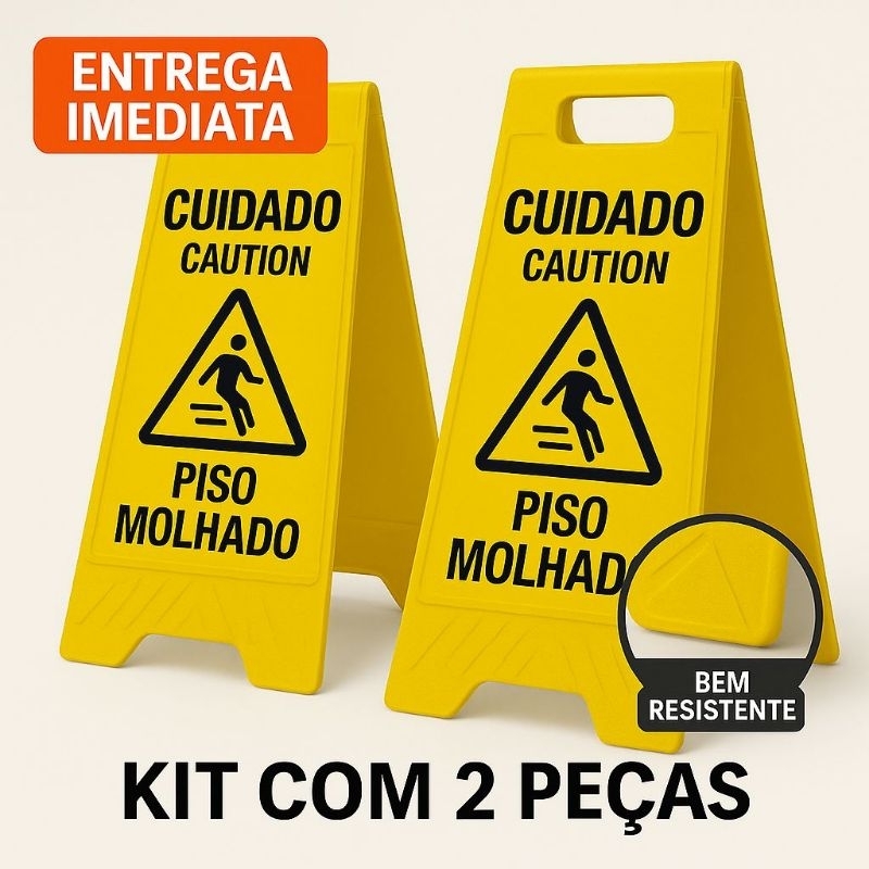 2 Placas de Sinalização Cuidado Piso Molhado adequado para todos os ambientes Cavalete Piso Molhado
