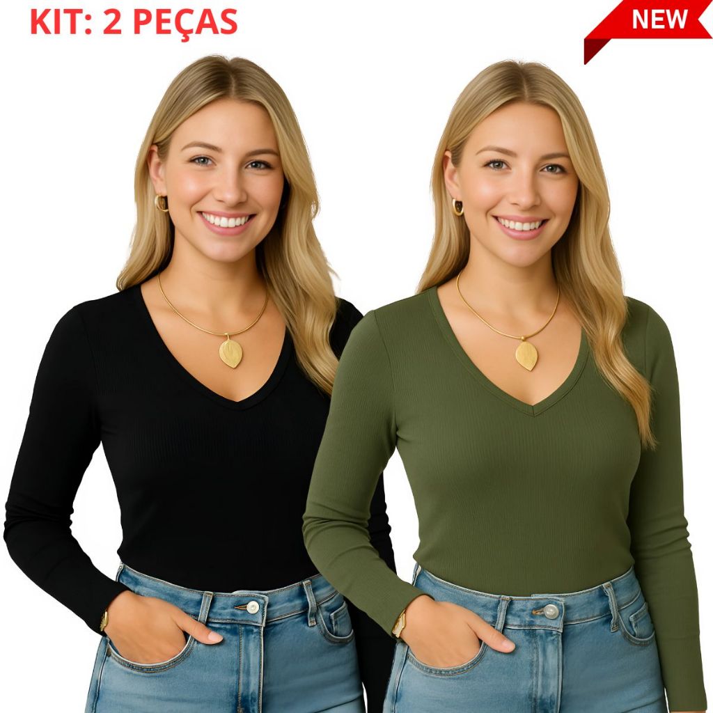 Kit 2 Blusa Femininas Ribana Canelada Manga Longa com Decote em V – Conforto e Estilo