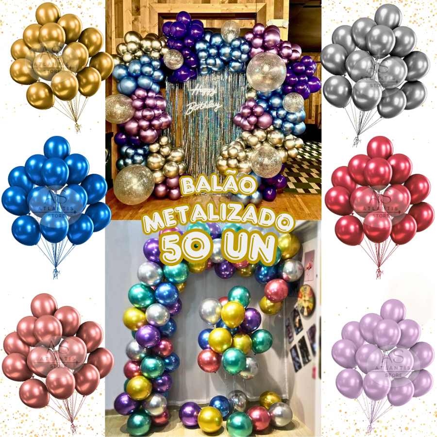 Kit 50 Un Balão Metalizado Bexiga Nº10 Festa Aniversário Comemoração Decoração Várias Core...