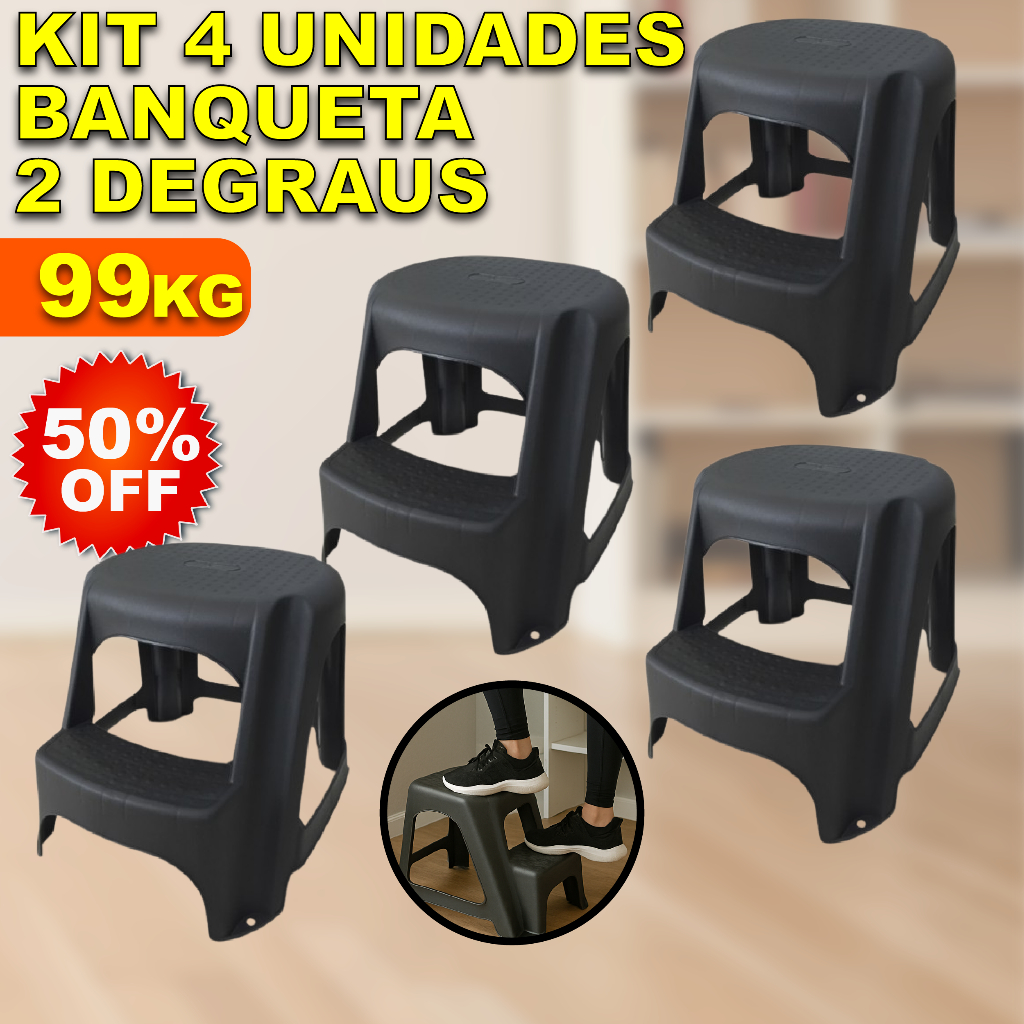 Kit 4 Banqueta Step 2 Degraus - Escada Infantil - Banco Multiuso Plástico Preto