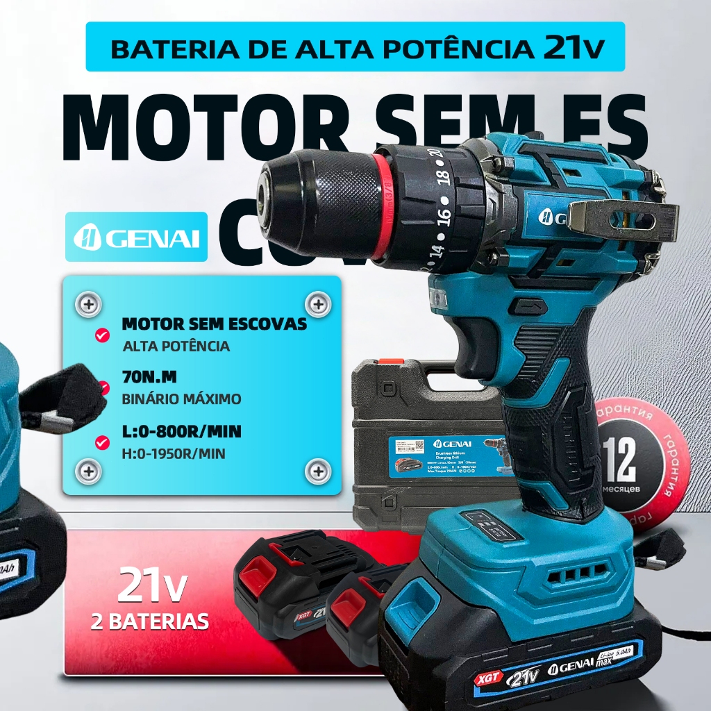 Brushless 3/8" Parafusadeira Furadeira Impacto 21V 02 Baterias + Maleta em Oferta na Shopee