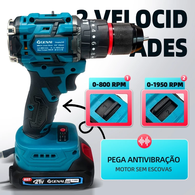 Parafusadeira Furadeira 21V com 2 Baterias e Maleta Completa 70N.m — foto 3