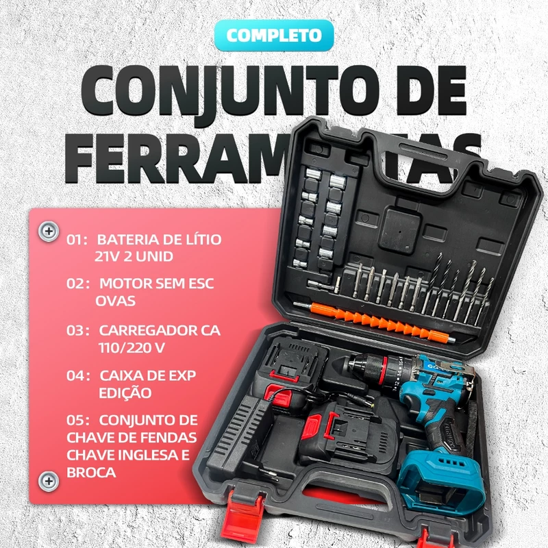Parafusadeira Furadeira 21V com 2 Baterias e Maleta Completa 70N.m — foto 6
