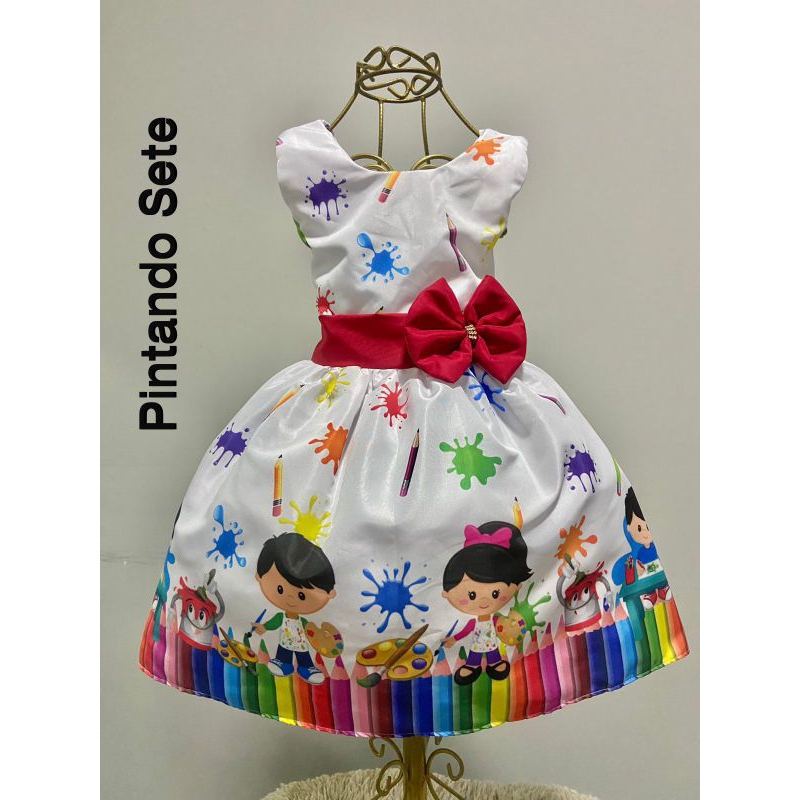 Vestido temático infantil festa aniversário personagem Pintando Sete Aquarela formatura