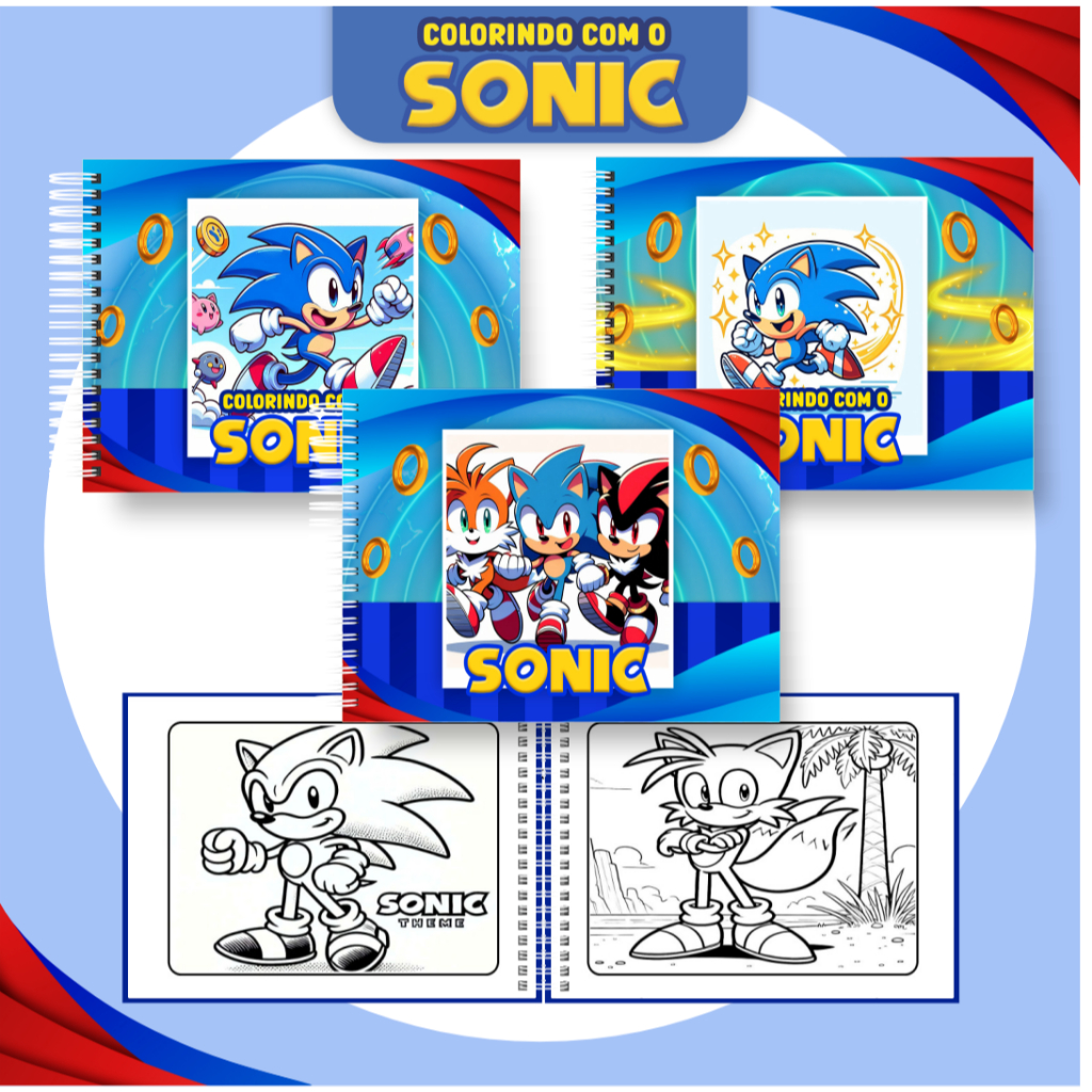 Livro de Colorir Sonic 50 Desenhos Capa DURA Folha Grossa 180g