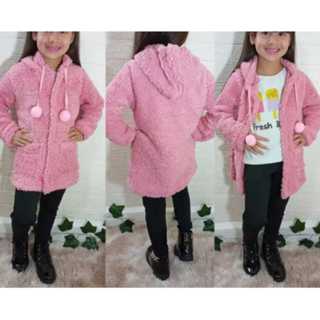 Casaco Teddy Para Meninas Quentinho Com Bolsos e Capuz Casaco De Pelinhos Com Pom Pom Roupa De Criança Tam.2 AO 16 em Oferta na Shopee