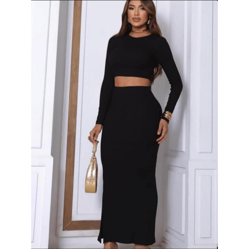 Conjuto Saia Longa Cropped Manga Comprida Fenda  Lateral