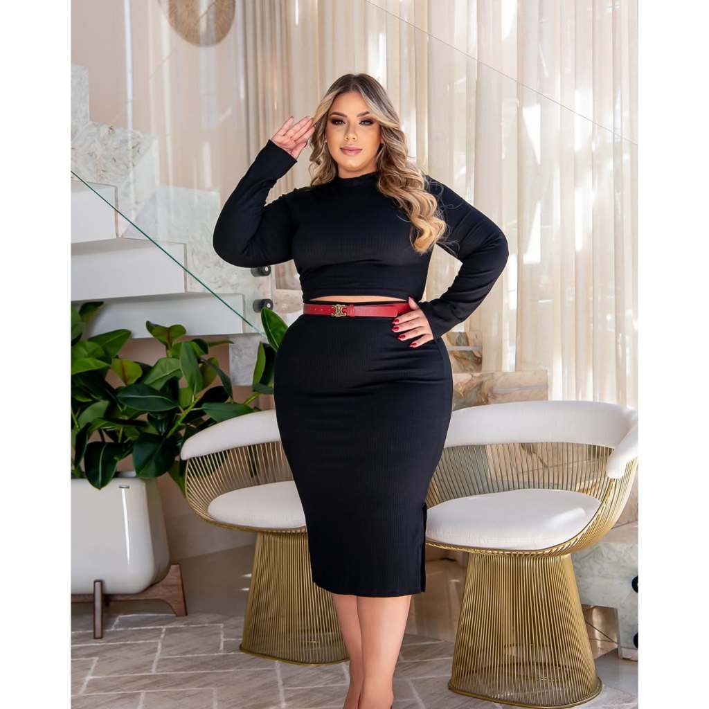 Conjunto Malha Canelada Saia Midi e Cropeed  Manga Longa Roupas feminino Plus Size