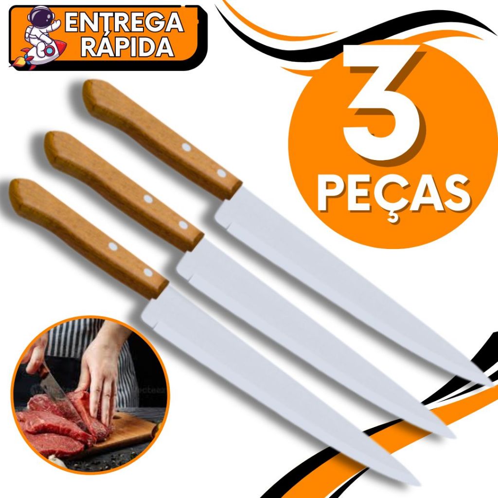 KIT 3 FACA CARNE CABO DE MADEIRA 7" LEGUMES PEIXE CHURRASCO UTENSILIO COZINHA AFIADA CORTE PRECISO CASA RESTAUTANTE