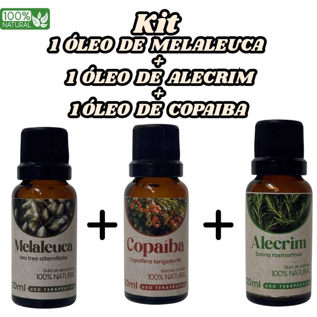 Kit 1 Óleo de melaleuca 20ml + 1 Óleo de copaiba 20ml + 1Óleo de alecrim 2oml em Oferta na Shopee