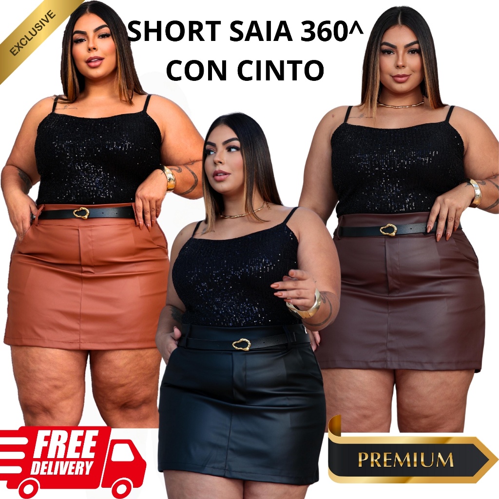 Short Saia Plus Size Feminino Couro Com Cinto Casual Saia 360