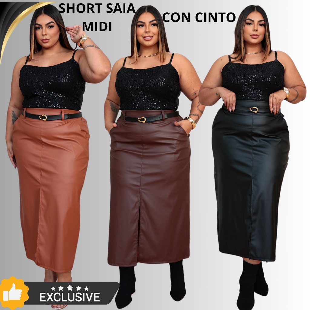 Saia Midi Femenino Corino com Cinto e Fenda Frontal Plus Size Moda Gringa Moda Curvy Tendencia Plusize XG G1 G2