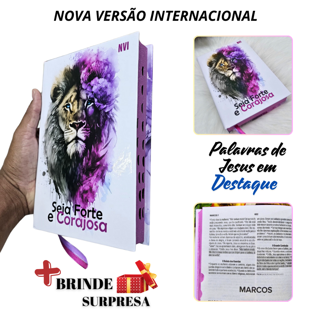 Bíblia NVI Leão Rosas Com Índices Letra Média Corajosa Palavras de Jesus em Destaque Leão de Judá