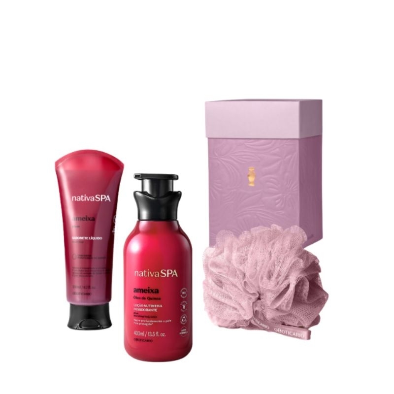 kit nativa spa ameixa o boticário com sabonete e hidratante e esponja para banho