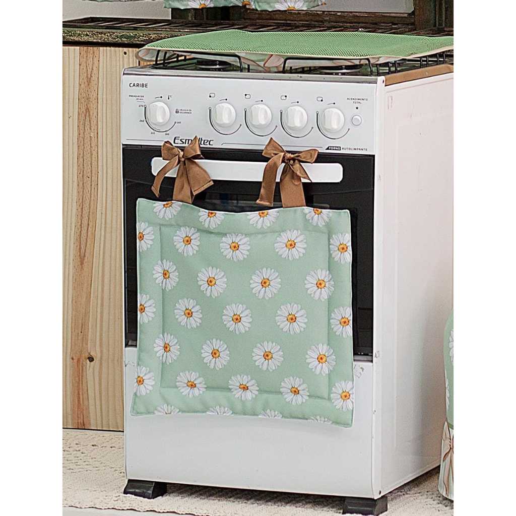 Kit para Fogão 04 Bocas Cortina Forno + Capa da Tampa Vidro - Estampa Digital Margaridas