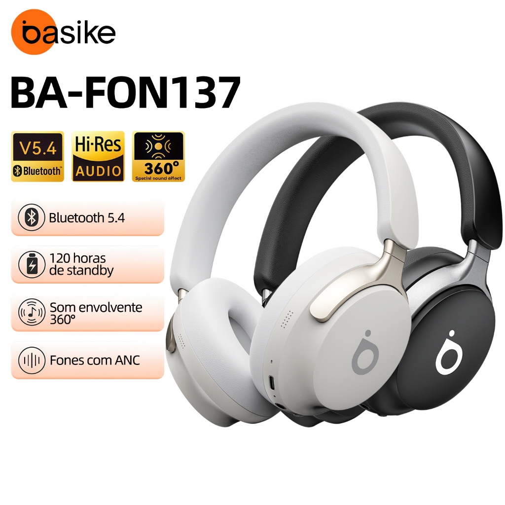 Basike Fones de Ouvido Bluetooth 5.4, Headphone Bluetooth com Cancelamento de ANC 40h, fon137