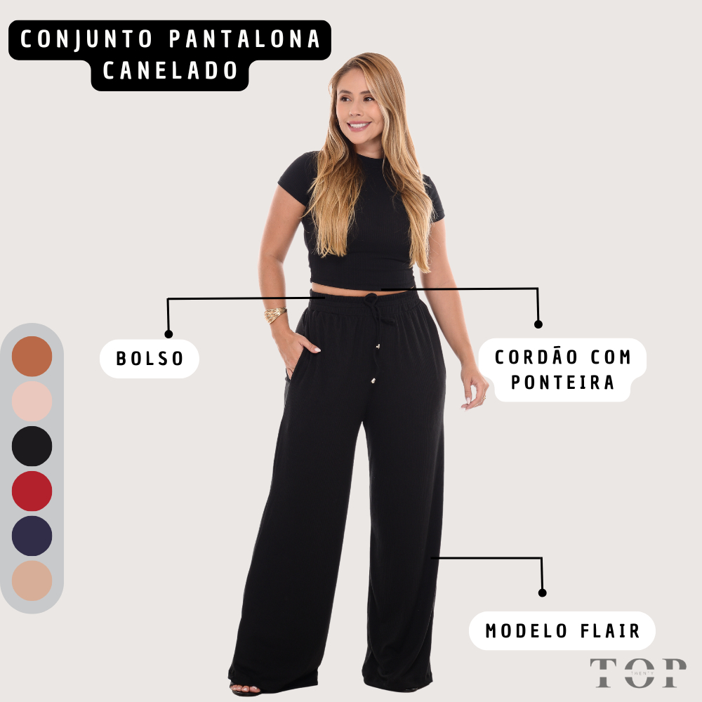 Conjunto Pantalona Feminina Canelada Com Bolso e Elástico na Cintura Blusa Gola Alta