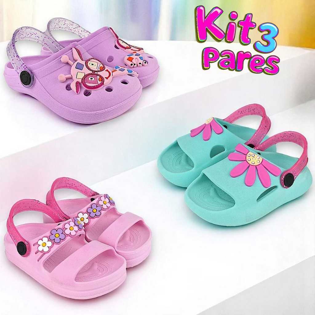 Kit 3 Pares Sandália Papete Menina Infantil Conforto