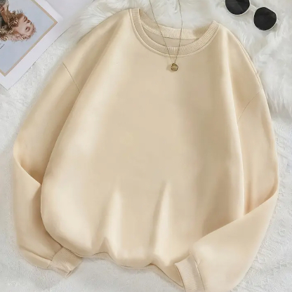 Blusa Moletom Gola Redonda Bege Lisa Unissex Confortavel Inverno Flanelado Algodão Quentinho