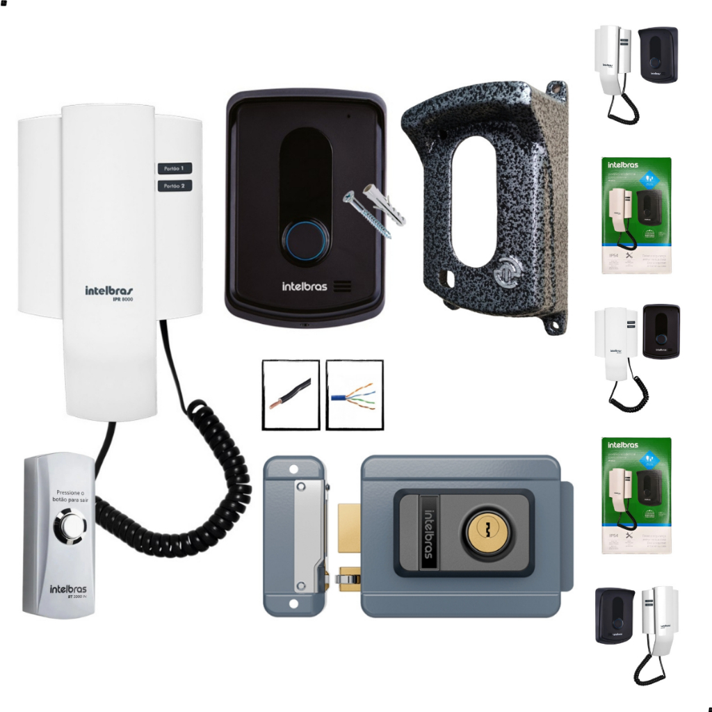 Kit Interfone Porteiro IPR 8010 Intelbras fechadura e Botão de saida e cabos para instalar.