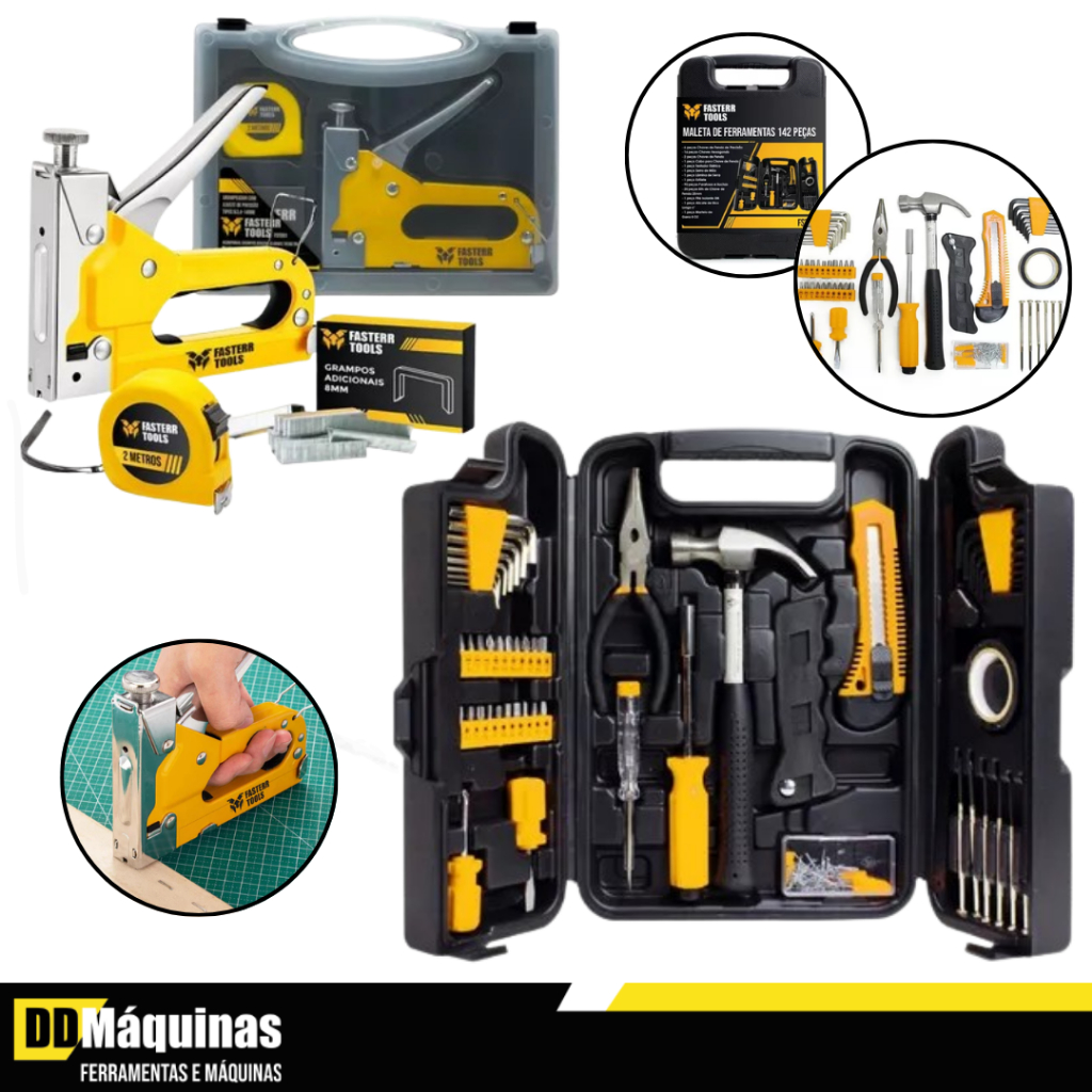 Kit de Ferramentas 142 Peças + Grampeador Manual + 500 Grampos + Trena + Maleta - Fasterr em Oferta na Shopee