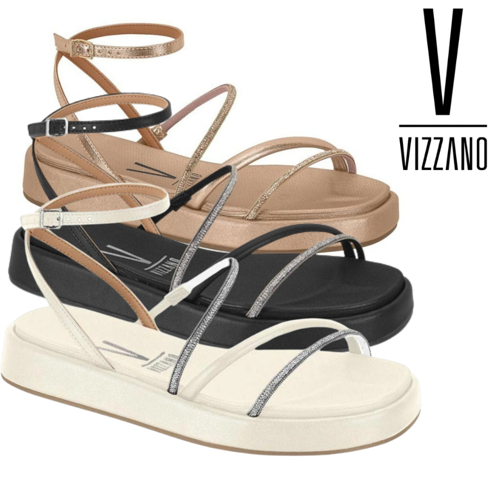Sandalia Vizzano Rasteira Slide Papete Tiras Strass Chinelo Flatform Fívela Conforto Brilh...