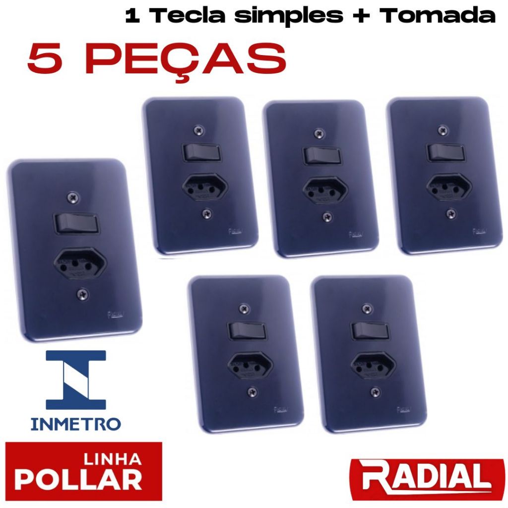 Kit 5 Interruptor 1 Tecla Simples + Tomada Preta 10A 20A  4x2 Com Placa 110v - 220v