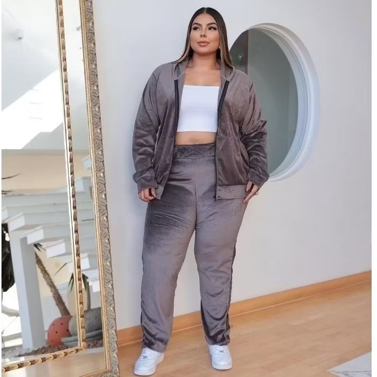 Conjunto de inverno  Plus Size Feminina em veludo plush  Blusa Com Ziper e Calça Conjunto de frio moda plus