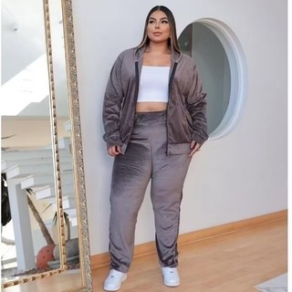 Conjunto de inverno  Plus Size Feminina em veludo plush  Blusa Com Ziper e Calça Conjunto de frio moda plus