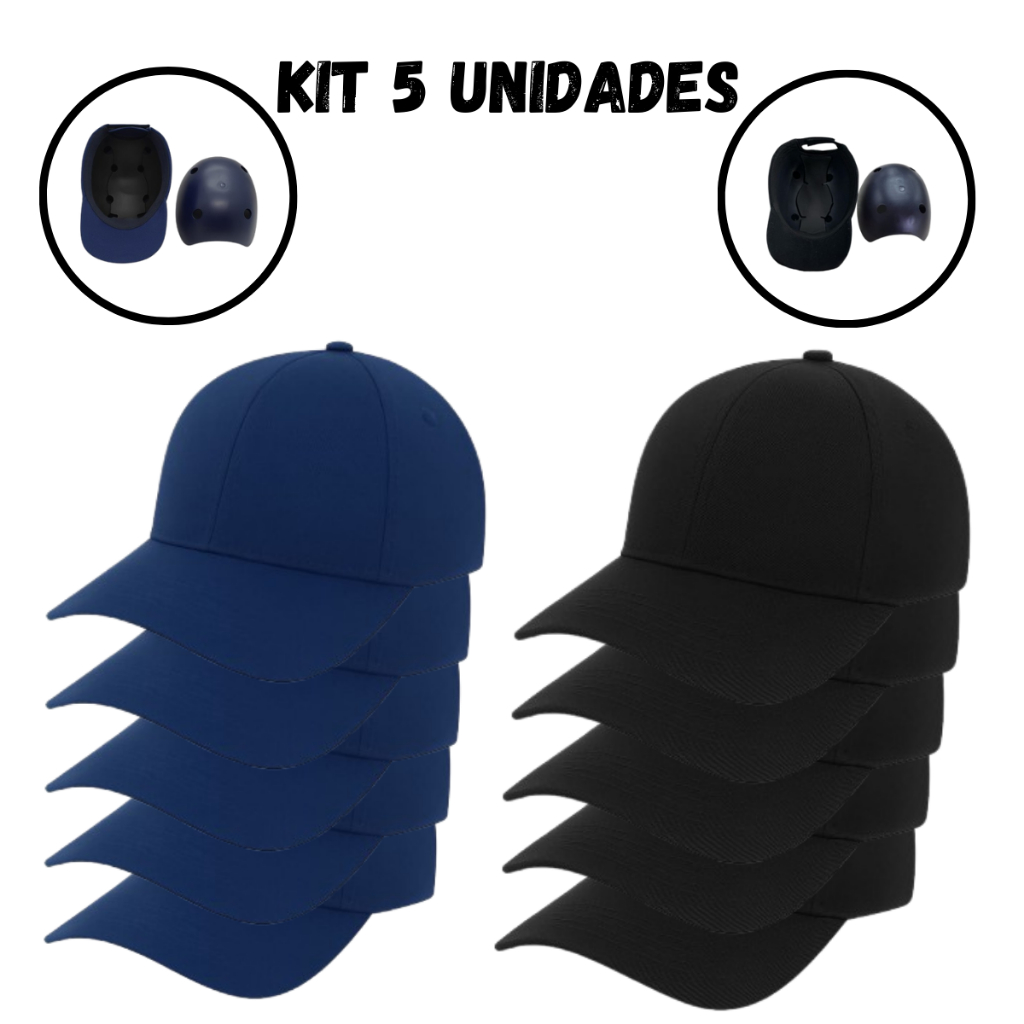 Kit 5 Boné Com Casquete De Plástico Azul/Preto Anti Impacto Conforto Segurança Proteção Da Cabeça Epi