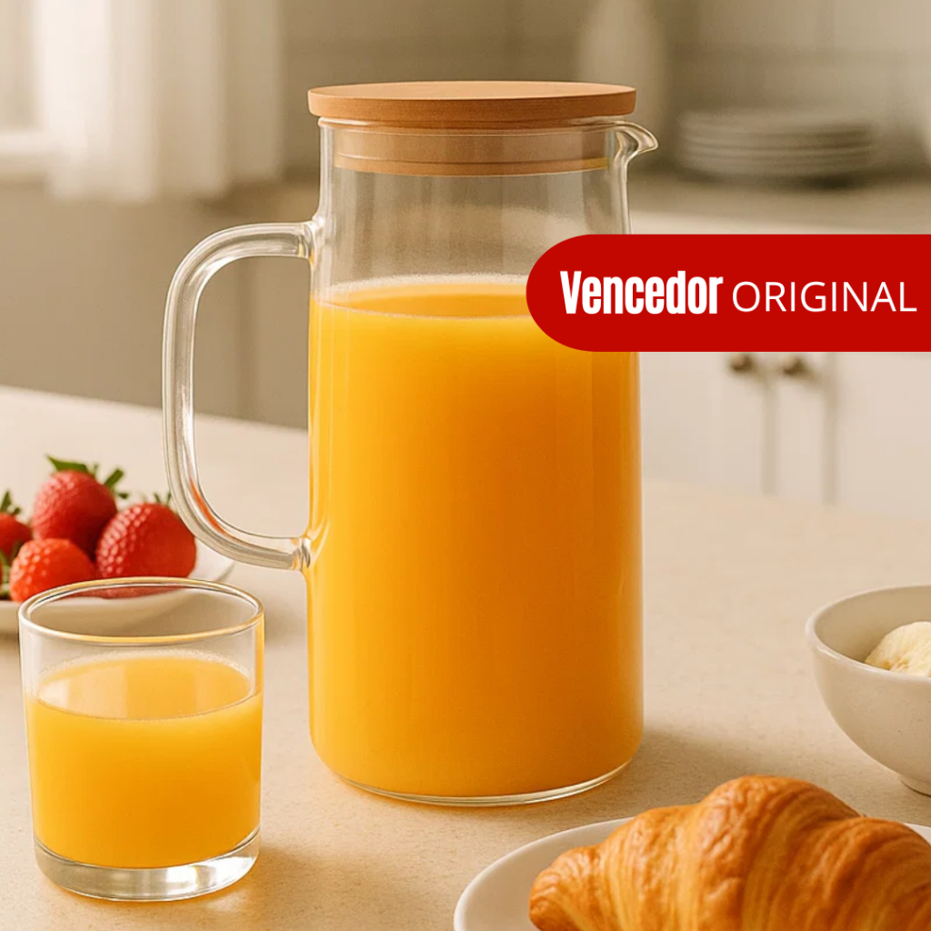 Jarra de Vidro Para Suco Água C/ Tampa em Bambu 1L - Vencedor
