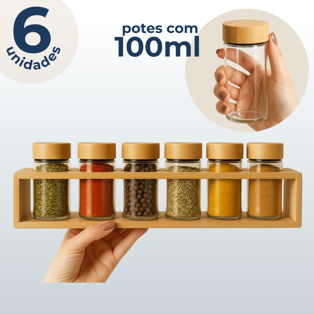 Kit 6 Potes De Vidro Porta Tempero Condimentos 100ml Com Suporte E Tampa Em Bambu