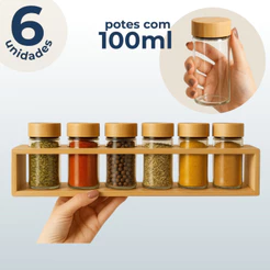 Kit 6 Potes De Vidro Porta Tempero Condimentos 100ml Com Suporte E Tampa Em Bambu