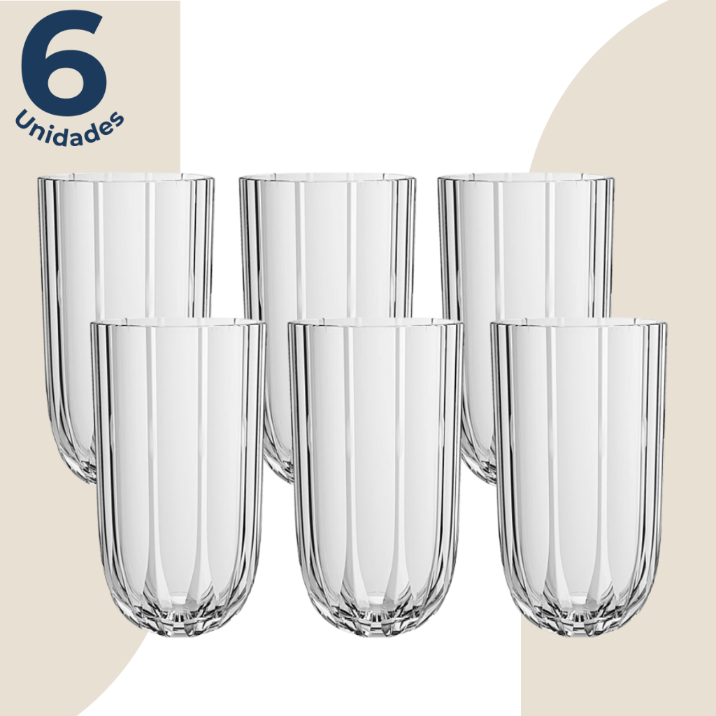 Jogo de 6 Copos Altos Canelado Refinatto em Vidro 400ml - Home & Living