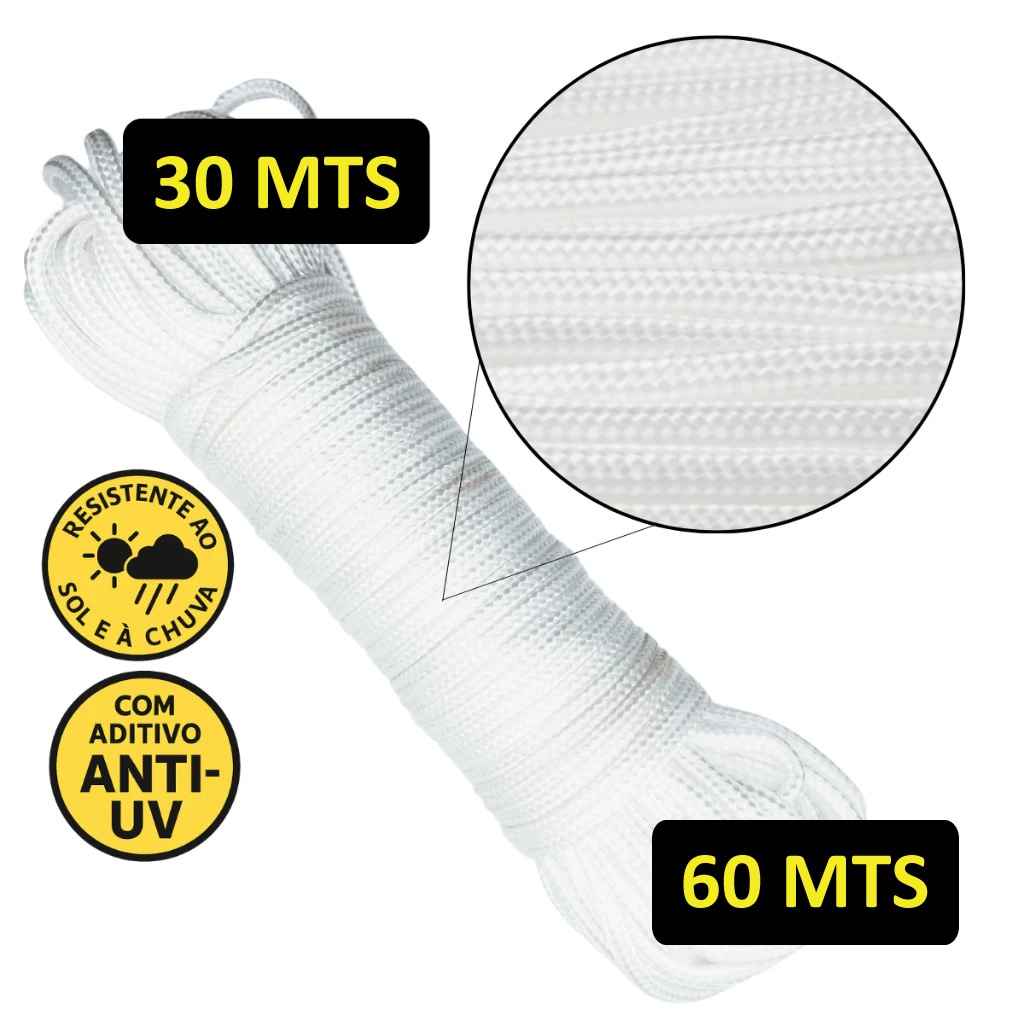 Kit Corda de Varal 60 Metros 3mm Reforçado Para Varal de Parede e Teto Modelo Trançado Premium