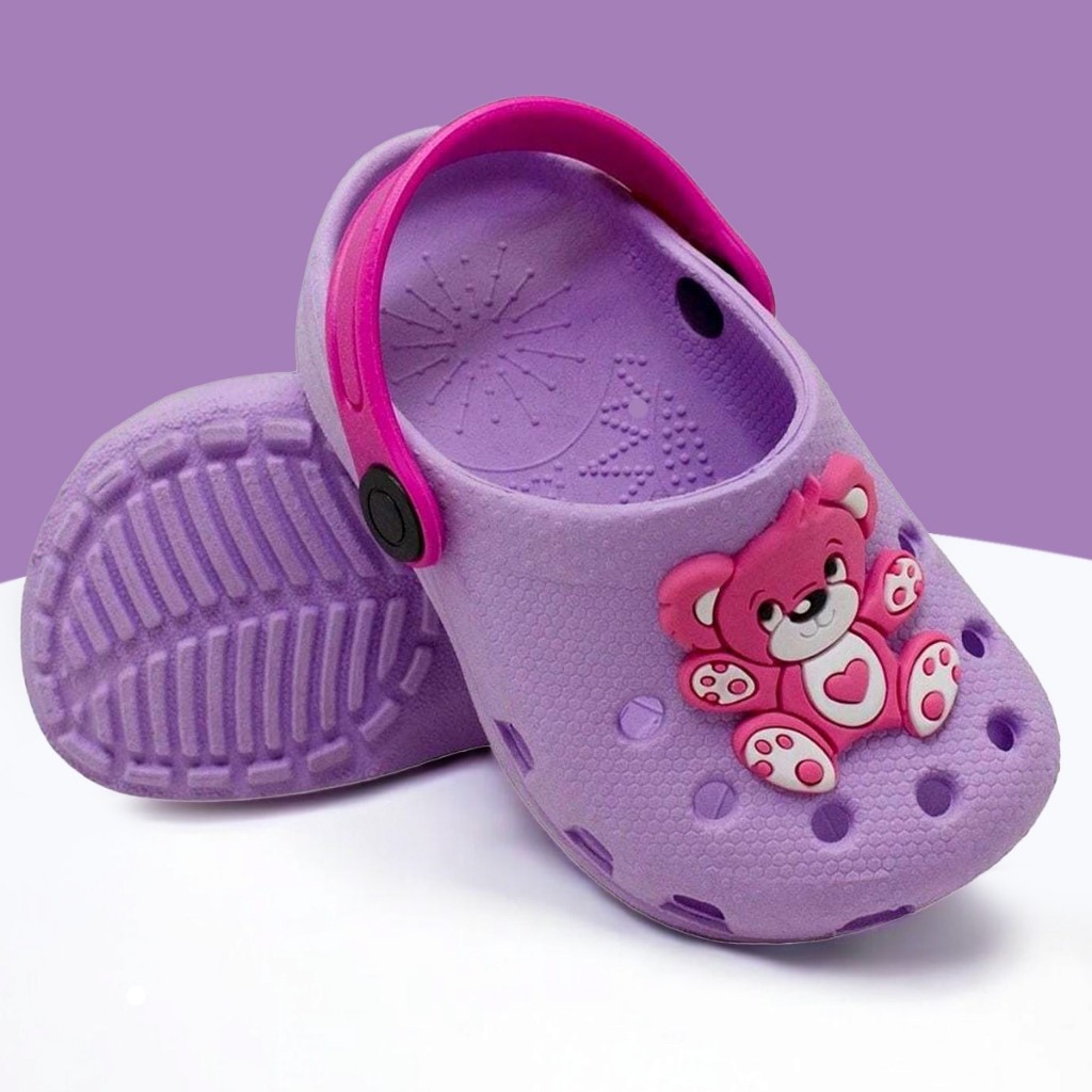 Sandalia Babuche Infantil Nº 21 ao 28 Menina Feminino Lilás Desenho Urso Ursinho Antiderrapante Leve