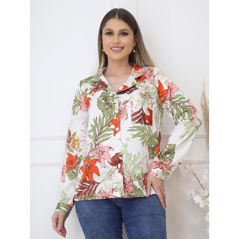KL94636 CAMISA FEMININA FLORAL  COM TOQUE DE CETIM LANÇAMENTO em Oferta na Shopee