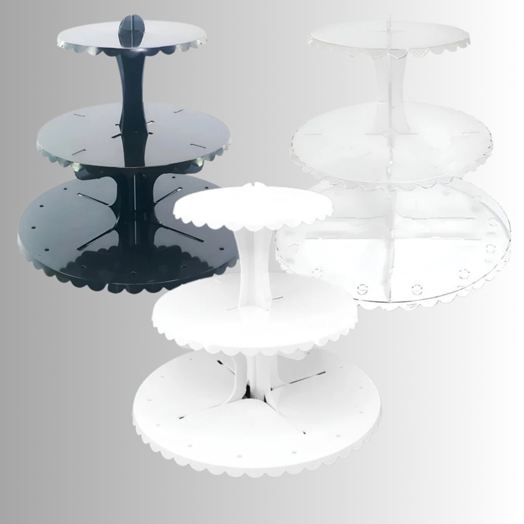 Suporte Porta Doces e Balas com Piruliteiro 3 Andares Cupcake Cor Preto Branco e Cristal