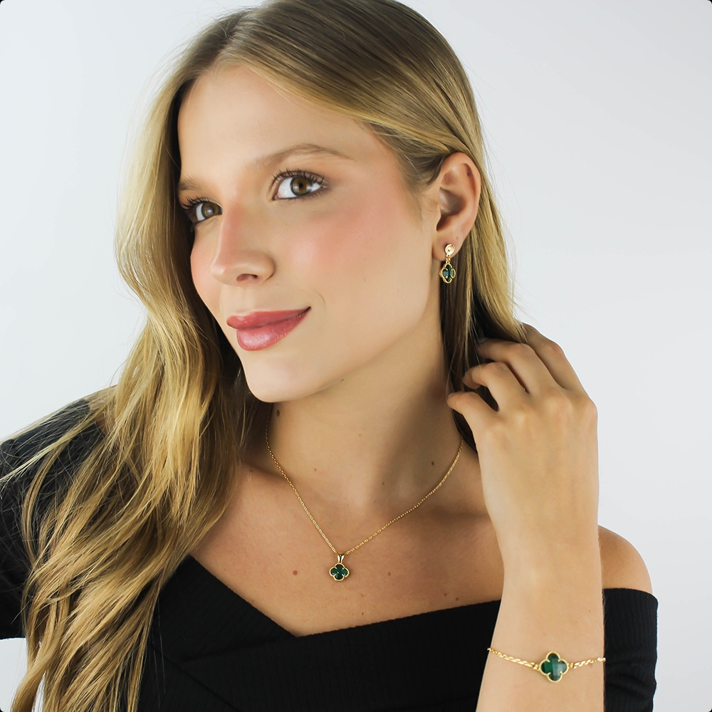 Conjunto Feminino Semijoia Folheada a Ouro 18k Kit com Colar Pulseira e Brinco Trevo Zircônia