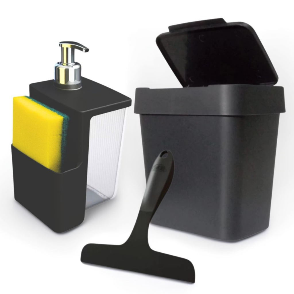 Kit Lixeira Pia 2,5 Litros + Porta Detergente Sabão + Rodinho de Pia Kit Cozinha 3 Peças + Esponja em Oferta na Shopee