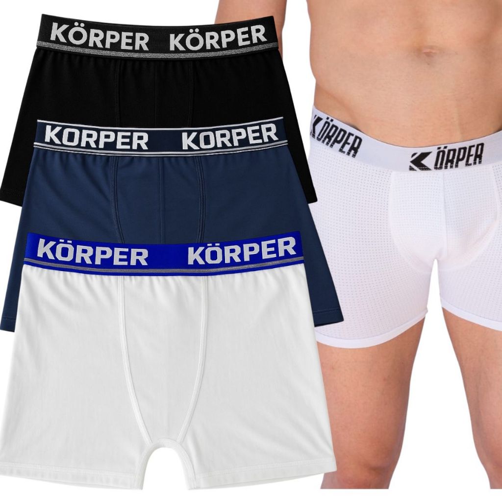 Kit 3 Cuecas Boxer Masculinas KORPER Cores Sortidas Conforto Elástico Premium