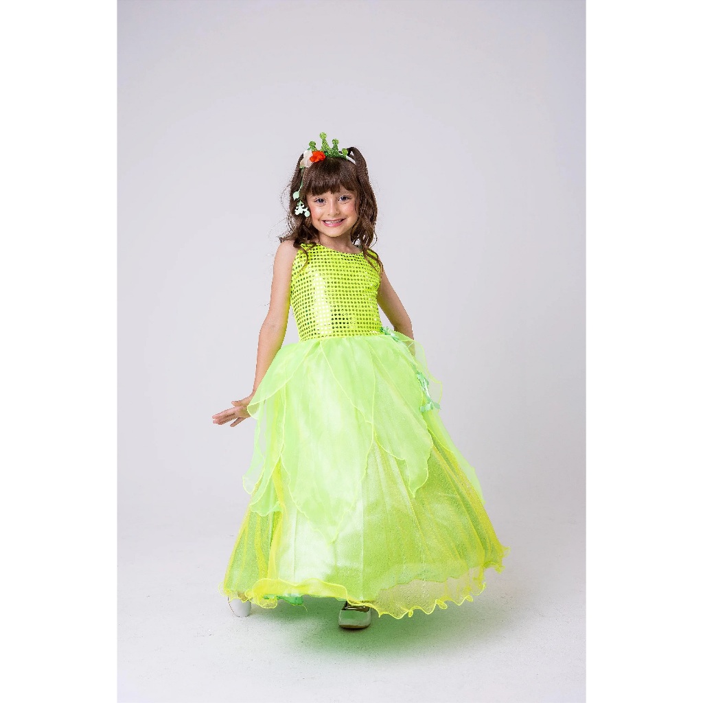 Fantasia Princesa Belli Longa Tiana A Princesa e o Sapo Infantil Juvenil Princesa Menina Festa Luxo Halloween