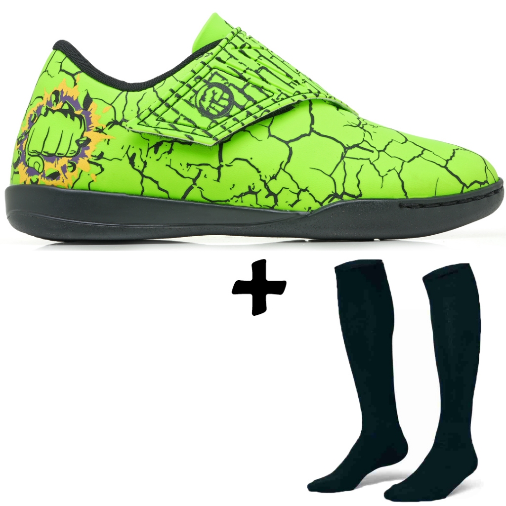Chuteira Infantil Personagens de Futsal com Fechamento em Velcro + Meião de Futebol Juvenil