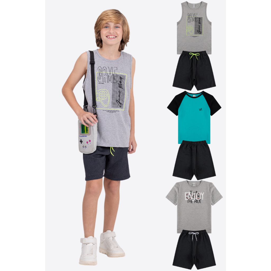 Kit 6 Peças de Roupas Infantis Casual Menino Verão- 3 Camisetas + 3 Shorts
